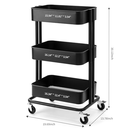 3 Tier Rolling Cart Metal Heavy Duty Utility Cart with Silent Caster Lockable Wheels Multi-Functional Organization Carts Storage Trolley with Mesh Shelves for Office Kitchen Living Room Black - color: Black, size: Large