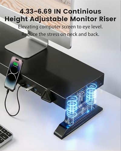 Height Adjustable Dual Monitor Stand Riser with 6-Port USB Hub, Black | Fits Dual 27" Monitors, Charge & Sync Multiple Devices, Ergonomic Height, Solid Steel Material, Cable Management, Quick Setup