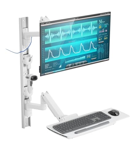 MED10 Medical Monitor Wall Mount with Folding Keyboard Tray and Mouse Pad | Scanner Holder | Heavy Duty Height Adjustment Folding Design for 17"-49" Monitor On Wall Track with CPU Wall Mount