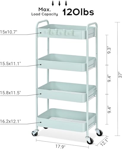 TOOLF 4 Tier Metal Rolling Cart, Utility Storage Cart with Wheels, Green | Screwless Assembly, Lockable Metal Wheels, Trolley Organizer for Bathroom, Kitchen, Office, Dorm, Laundry, Craft Room - color: Green, size: 4-Tier