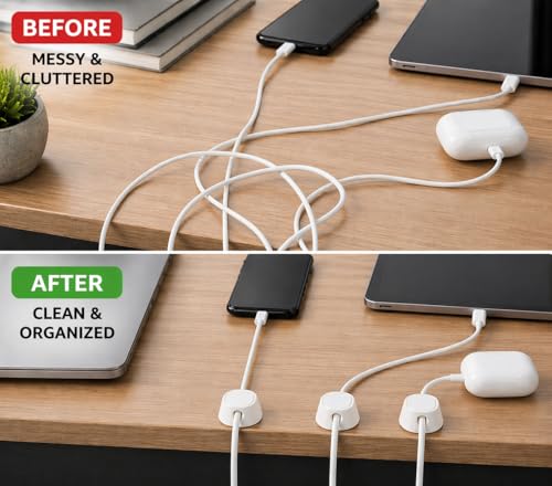 6-Pack Magnetic Cable Clips, Strong Adhesive Cord Holder for Desk, Nightstand, Car & Cable Management, White - color: White