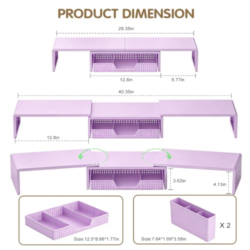 LEKETREE Dual Monitor Stand Riser with Drawer and 2 Pen Holders, Purple - color: Purple
