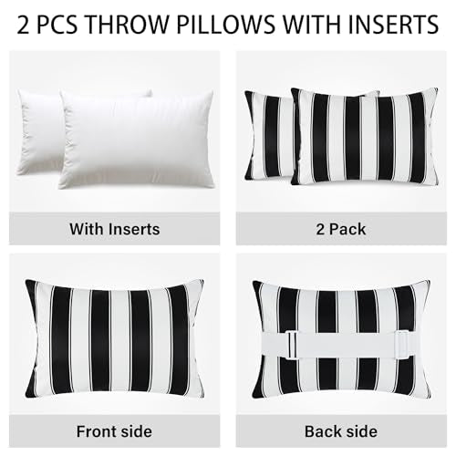 Black Geometric Outdoor Chaise Lounge Head Pillow 11"x16" Set of 2 | Waterproof Lumbar Pillows with Insert Adjustable Elastic Strap, Neck Attachment for Recliner Patio Beach Pool - color: Black Geometric