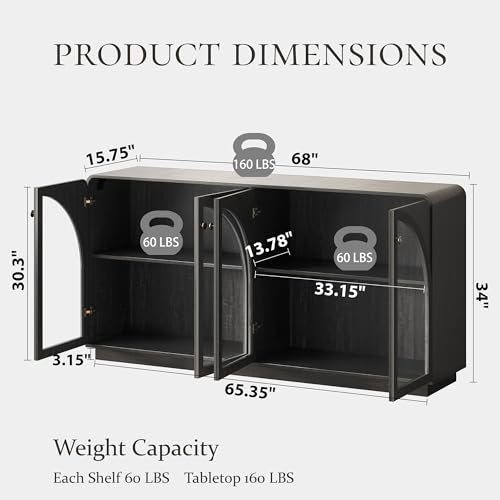 Sideboard Buffet Cabinet with Storage, 68" Black Credenza Accent Cabinet Buffet Table w/4 Arched Glass Doors & LED Light, Modern Coffee Bar Liquor Cabinet w/2 Shelves for Kitchen Entryway - color: Black, size: 15.75"D x 68"W x 34"H
