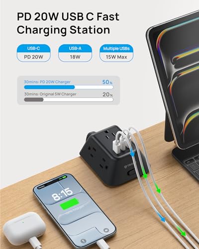 TROND Desk Clamp Power Strip, Desk Charging Station with USB C PD 20W | Desk Surge Protector with 5 AC Outlets, Fit 1.97in Tabletop Edge Thick, Extension Cord 6ft for Home Office Accessories, Black - color: Black, size: 6FT (2C1U & PD 20W)