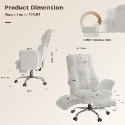 Big and Tall Office Chair, Flip Armrests for Pets & Cross Legged Sitting | Executive Ergonomic Computer Gaming Chair with Foot Rest, Teddy Fleece Wide Seat Reclining Desk Chair, White Vanity Chair - color: White