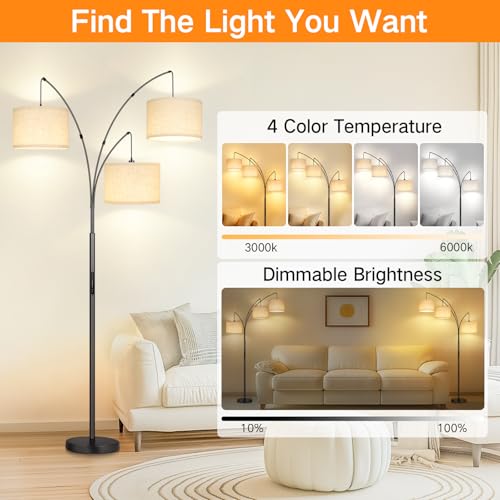 OUTON Arc LED Floor Lamp with Remote & Touch Control, Dimmable Modern Black 3 Light Arched Tall Floor Lamp, Mid Century Adjustable Standing Corner Lamps for Bedroom, Office, Living Room - color: Matte Black