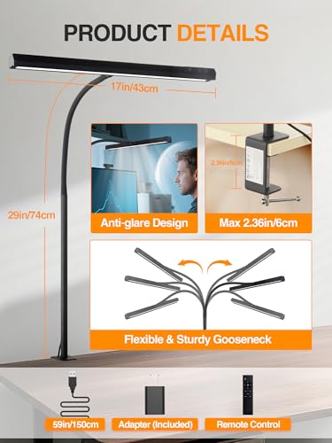 Schreibtischlampe LED Dimmbar,5 Farben+9 Helligkeitsstufen Monitor Lampe | 1000 Lumen Augenschutz LED Schreibtischlampe Klemmbar,12W Tischlampe mit Fernbedienung+ Touch-Steuerung für Büro/PC/Study - color: Black-US