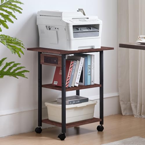 Lerliuo 3-Tier Printer Stand with Charging Station, Rolling Printer Table - color: Walnut, size: 3-Tier with Charger