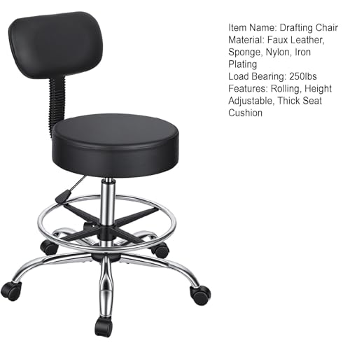 Wufuuoa Drafting Chair with Backrest, Height Adjustable Rolling Stool with Footrest Ring, Faux Leather Thick Cushion Office Stool, Heavy Duty 250lbs Capacity for Workshop Garage Salon Kitchen Black