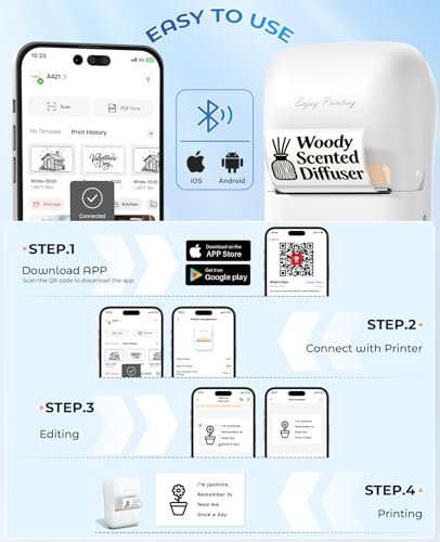 Label Maker, A421 Bluetooth Label Thermal Printer for Small Business & Home | Inkless Printer for Barcode, Address, Office, Compatible with iOS & Android, with 1 Label - color: White