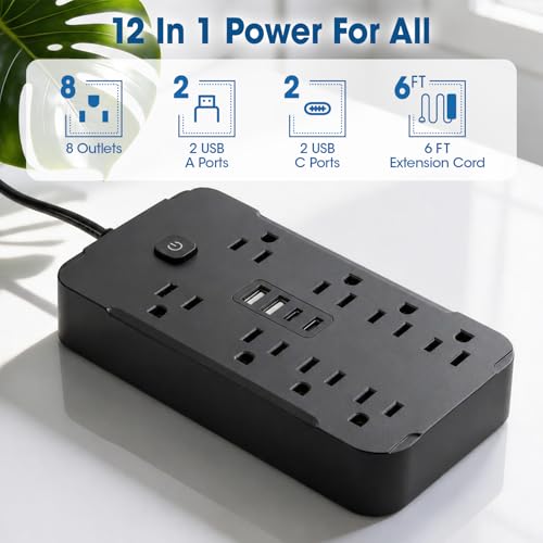 6 Feet Surge Protector Power Strip, 8 AC Outlets and 4 USB Ports (2 USB C), 1430W/11.5A, Flat Plug Extension Cord Outlet Extender for Office, Home, Black