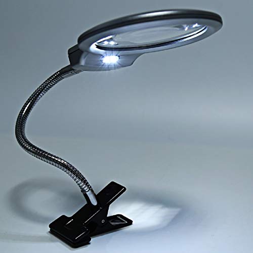 Magnifers Lighted Hands Free,Pro-Flex Desk Led Magnifying Glass Lamp 2.25X 5X Insert Lens Desktop Table Lamp for Close Work, LED Lighted Gooseneck Magnifier with Clamp for Reading Silver