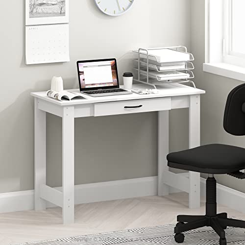 Furinno Jaya Writing Desk with Drawer, White | Computer Desk with H-legs, Writing Desk, Office Desk for Home Office, Study Room, Dorm, Bedroom - color: White, size: 39 inches