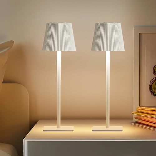 LUTEC 2 Pack Cordless Table Lamp,6000mAh Rechargeable Battery Operated Desk Lamp,Two Adjustable Heights,Waterproof, Touch Control & 3 Color Stepless Dimming for Restaurant/Bedroom/Bars/Outdoor (White) - color: White