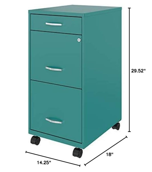 Pemberly Row 3 Drawers 29.52" Vertical Turquoise Metal Filing Cabinet Lockable Pre-Assembled Movable Letter Size for Home, Office - color: Turquoise