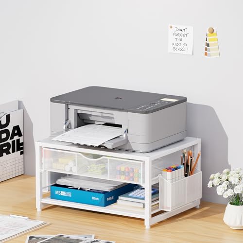 Marbrasse Metal Printer Stand for Desk with Storage Drawer and 2 Pen Holders, 2-Tier Desktop Organizer Printer Table for Home Office, Multi-Purpose Desk Organizer for Fax Machine Scanner Files(White) - color: White