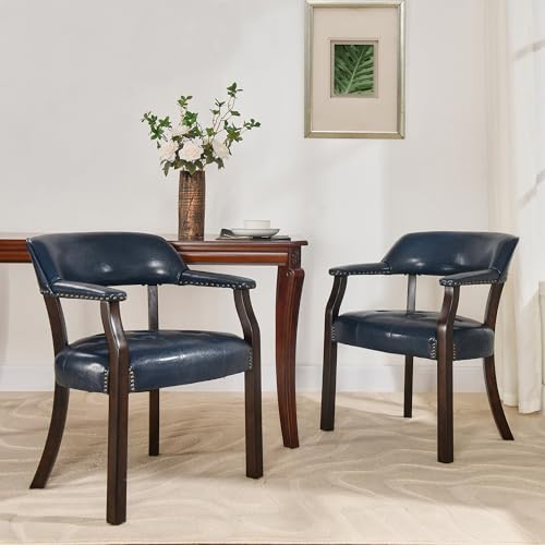 LEEMTORIG Set of 2 Faux Leather Dining Chair with Arms, Solid Wood Dining Chair with Supportive Back, Boss Caption's Chairs Office Desk Chairs, Espresso Legs & Blue PU CY-NX173-318LB - color: Espresso Legs & Blue Pu, size: Set of 2
