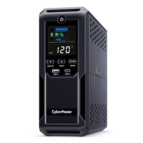 CyberPower CP1500AVRLCD3 Intelligent LCD UPS Battery Backup | 1500VA/900W, 12 Outlets, 2 USB Ports, AVR, Mini Tower, UL Certified - size: 1500VA with USB
