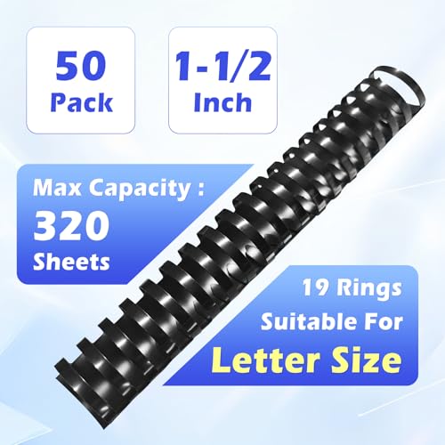 TOTiyea 50 Pack 1-1/2" 19 Ring Plastic Binding Combs,320-Sheet Letter Size | Binding combs,Black,8.5"x11",For educators custom teaching References,classroom organization,work supplies - size: 1-1/2", style: 50 Pack