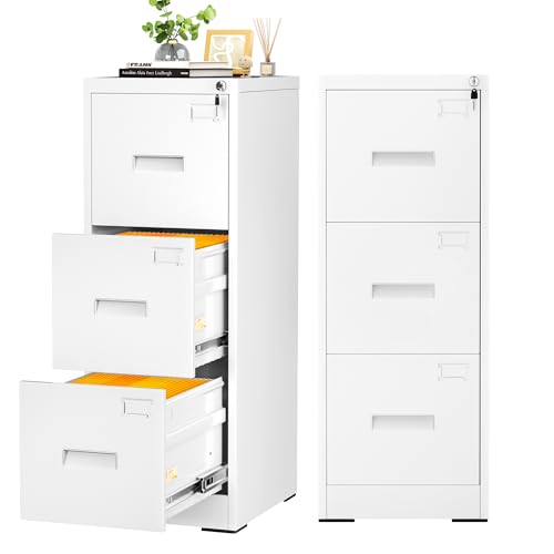 INTERGREAT 3 Drawers File Cabinet with Lock, 18" D Metal White Vertical Filing Cabinet for Hanging Folders, Easy Assemble - color: White, size: 3 Drawers-Vertical