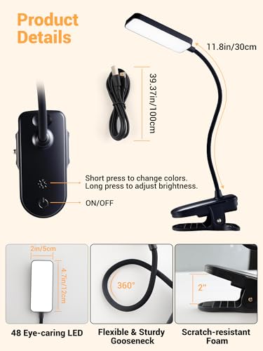 Clip on Light,45 Modes Dimmable+450 Lumen 48 LED Desk Lamp with Clamp Light - color: Black
