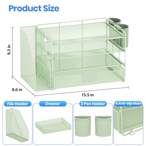 OPNICE Desk Organizer, 4-Tier Desktop File Organizer with Drawer and Pen Holders, Office Desk Accessories, File Sorters, Workspace Organizers for Office Supplies(Green) - color: Green, size: 4T