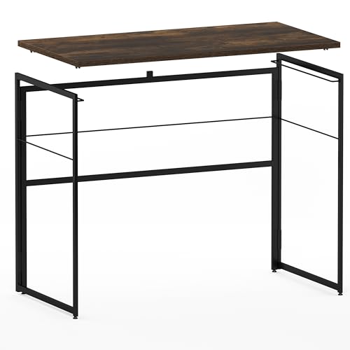 FURINNO Riau No Tool/No Assembly/Folding Metal Frame Computer Desk, Rustic Oak/Black - color: Rustic Oak/Black, size: 39 inches