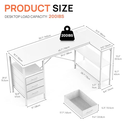 Alpen L Shaped Gaming Desk with Power Outlets, 55 Inch Computer Desk with 3 Drawers and Shelves, Corner Desk for Gaming, Study Writing PC Table with Storage and Reversible Shelf, White - color: White, size: 55 Inches Without Led Lights