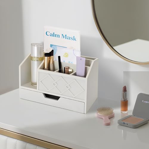 White Wooden Mail Organizer with Drawer, Three Tiered Desk Accessories for Office Organization and Storage, Stylish Countertop Document Storage, Home/Office/Classroom Supplies (White02) - style: White02