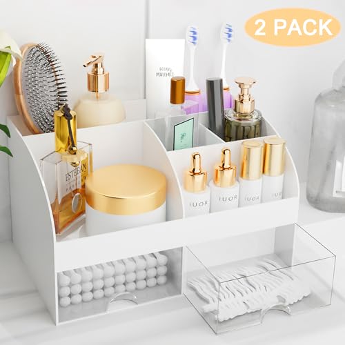 Makeup Organizer with Drawers, Cosmetic Storage for Dresser Vanity and Bathroom Countertop, Beauty Holder for Lipstick Brush, Skincare Organizer for Vanity, Cosmetic Display Case (White-2P) - color: White-2Pack