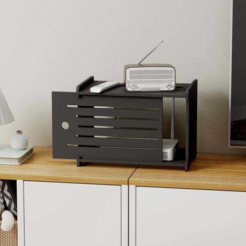 Wooden WiFi Router Storage Box Hider Shelf, Decorative Projector Box Hider Rack Countertop, for Cable, Modem, Internet, Router Power Cover Storage Organizer Cabinet Wall Mounted, Black - color: Black, size: Large