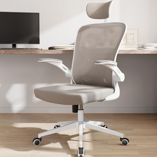 Office Chair Ergonomic Desk Chair with Lumbar Support&Headrest&Flip-up Arms Height Adjustable Rocking Swivel High Computer Chair Multi-Angle from 90° to 125° with 350LBS Capacity(White+Khaki-2) - color: White+khaki-2