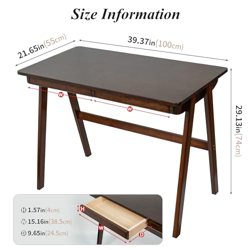 Computer Desk with Drawers, Solid Wood Writing Desk, Mid Century Modern Home Office Desks, Oak Study Table, Small Desk for Bedroom, 29.1 H x 39.4 W x 21.7 D Inches, Walnut - color: Walnut