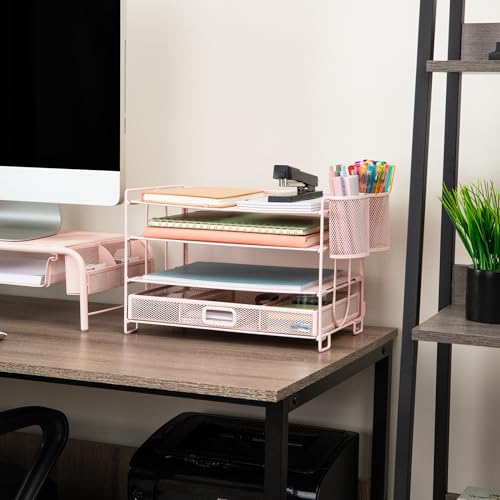 Mind Reader Mesh Desk Organizer, 3 Trays, 1 Drawer, 2 Pen Holders, Office Desktop Organizer, Metal Mesh, Pink - color: Pink