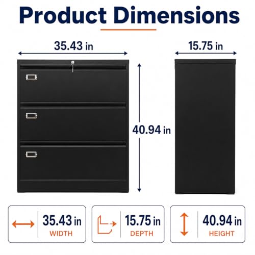 40 Inch 3 Drawer Metal Filing Cabinet, Black Office Storage Cabinet with 0.6mm Cold Rolled Steel, Business Card Label Slot, Vertical Metal File Cabinet for Office Home Workspace - size: 40in 3drawers
