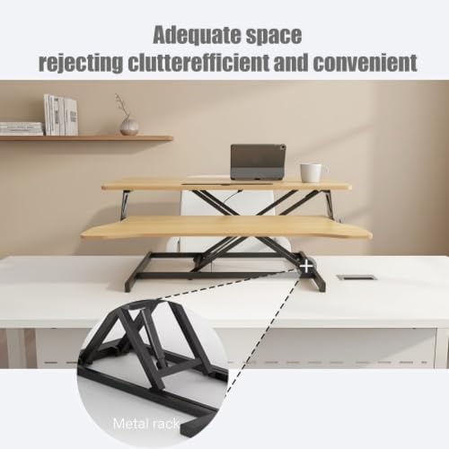 Desk Converter Height Adjustable Riser Ergonomic Sit Stand Dual Monitor Computer Workstation Keyboard Tray Home Office-Black + Walnut - color: Black + Walnut