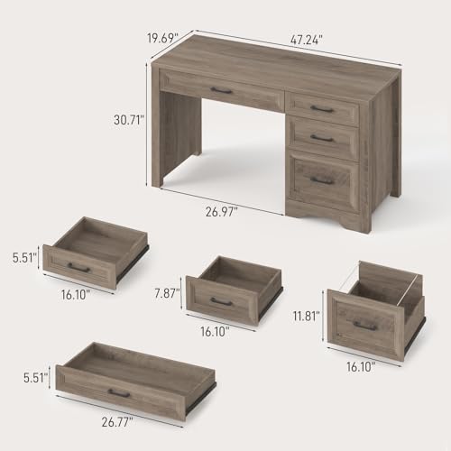 Vabches Farmhouse Executive Desk with Drawers, Home Office Desk with File Drawer, Wood Computer Desk with Ample Storage, Rustic Office Desk with Spacious Tabletop for Work, Grey - color: Rustic Grey, size: 19.7"D x 47.2"W x 30.7"H