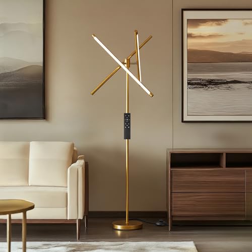 NUÜR Modern Gold Floor Lamp, Dimmable LED Standing Lamp with Remote - style: 3-Bar Linear Gold Floor Lammp