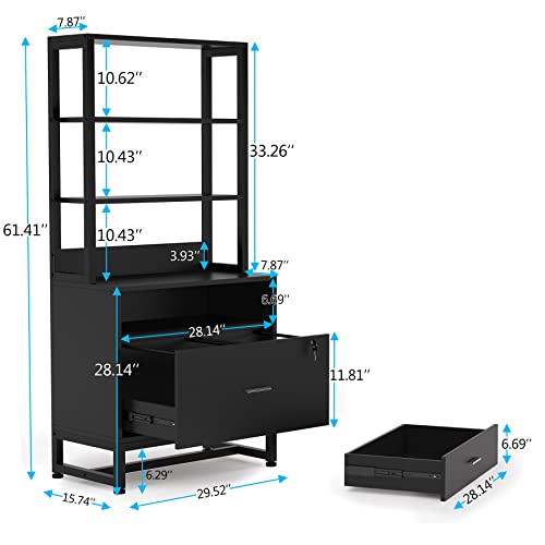 Tribesigns 2 Drawer Vertical File Cabinet with Lock & Bookshelf, Letter Size Large Modern Filing Cabinet Printer Stand with Open Storage Shelves for Home Office, Black - color: Black