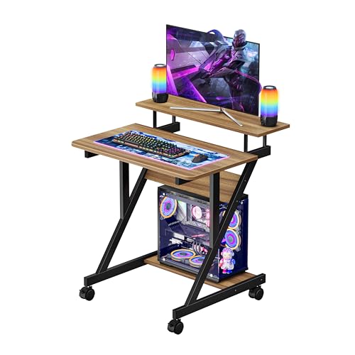 Dripex Computer Desk for Small Spaces, Z Shaped Small Computer Desk, 27.5 inch Compact Desk with Monitor Shelf and Bottom Storage Shelves, Space Saving Desk, Walnut - color: Walnut