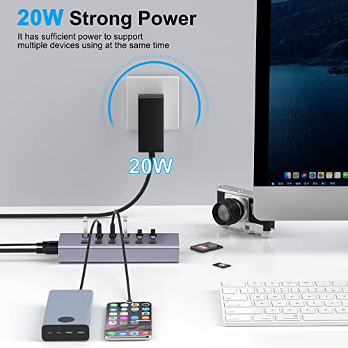 Powered USB Hub with TF/SD Card Reader, 8-Port USB 3.0 Hub with 6 USB 3.0 Data Ports, USB Spilter with Individual On/Off Switches,Aluminum USB Hub with AC Adapter for PC, Desktop, MacBook