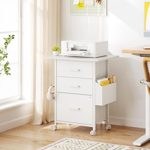 3-Drawer Mobile File Cabinet with 22" Wide Printer Stand, Fabric Under Desk Filing Cabinet with Side Bag & Headphone Hook, Fits Letter/A4 Size Hanging File Folders, Rolling Home Office Organizer,White - color: White