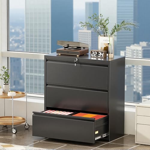 Superday Lateral File Cabinet 3 Drawer Metal File Cabinet with Lock, Black Filing Cabinets for Home Office, Locking Filing Cabinets Hanging Files Letter/Legal/F4/A4 - color: Black, style: 3 drawer-wide