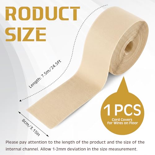 WILLBOND Cord Cover for Carpet, 24.6 ft x 3 in Floor Cable Management Strip, Reusable Hook and Loop Cord Protector for Wires on Carpet, Cuttable Wire Hider for Office Desk Home, Khaki - color: Khaki