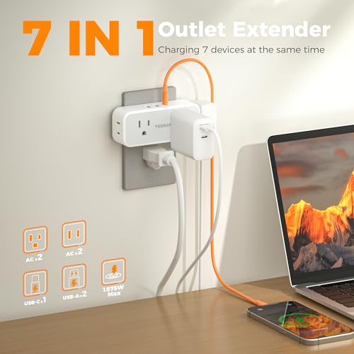 TESSAN Wall Outlet Extender, Multi Plug Mini Wall Expander, Grey - color: Grey with USB-C, size: 7 Outlets
