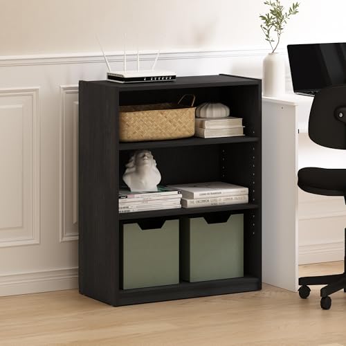 Furinno GEHRY Book Shelf, 3-Tier Small Bookshelf, Bookcase with Adjustable Shelves, 11.6 x 24.8 x 31.6, for Organization and Storage, for Living Room, Bedroom, Home Office, Blackwood - color: Blackwood, size: 3-Tier, 25" Wide