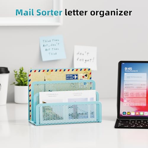 Marbrasse Mail Organizer for Desk, 3-Slot Mesh Metal Mail Holder countertop, Letter Holder, Office Desktop Envelope and Document Storage Rack (Blue) - color: Blue