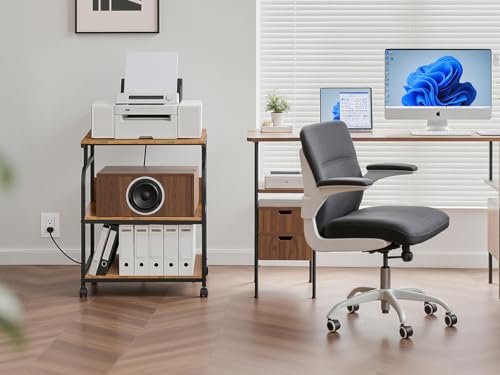 VECELO Adjustable Large Printer Stand with Power Outlet, 3-Tier Heavy Duty Cart on Lockable Wheels, Office Storage Table for Home Office, 3D Printer, Fax Machine, Scanner, Rustic Brown - color: Rustic Brown