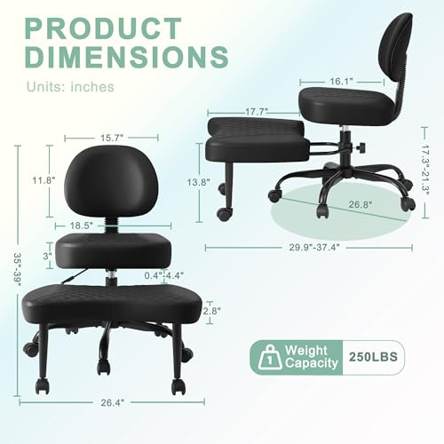 GUNJI Ergonomic Criss Cross Legged Office Chair, 360° Swivel Meditation Kneeling Chair with Wheels, ADHD Chair with Footrest, Lumbar Support, Wider Height Adjustable Seat (Black, Faux Leather) - color: Black